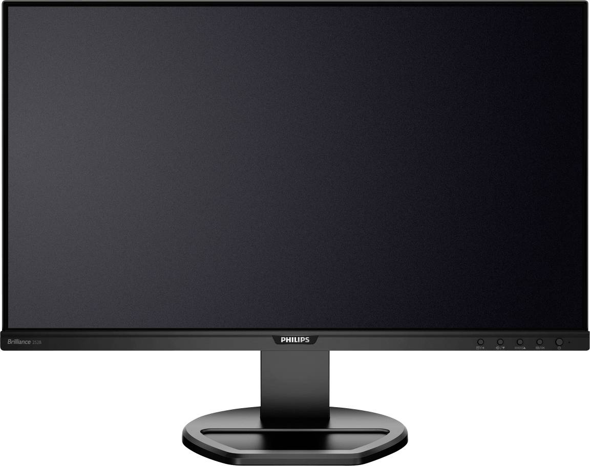 Ein schwarzer Computerbildschirm von Philips. Frontalansicht, ausgeschaltet, vor einem neutralen Hintergrund.