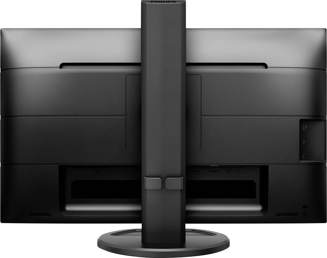 Rückseite eines schwarzen Computermonitors mit breitem Standfuß und höhenverstellbarer Säule.