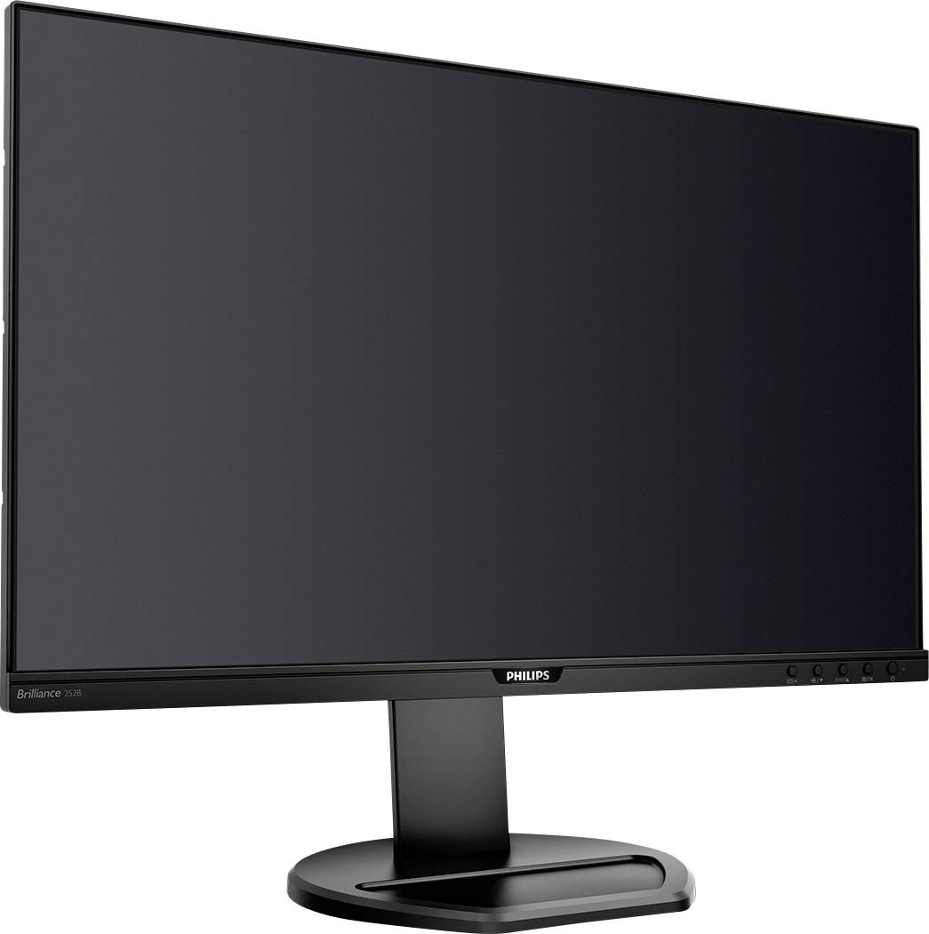 Ein schwarzer Flachbildschirm-Monitor auf einem Standfuß. Marke 'Philips'.