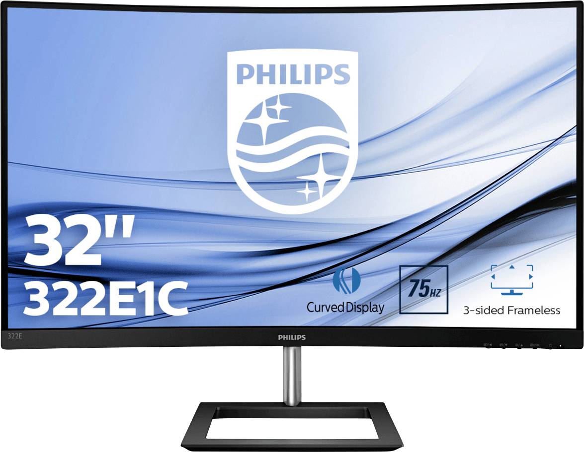Ein 32-Zoll Philips Curved Monitor, Modell 322E1C, mit 75 Hz Bildwiederholrate und dreiseitigem rahmenlosem Design wird angezeigt.