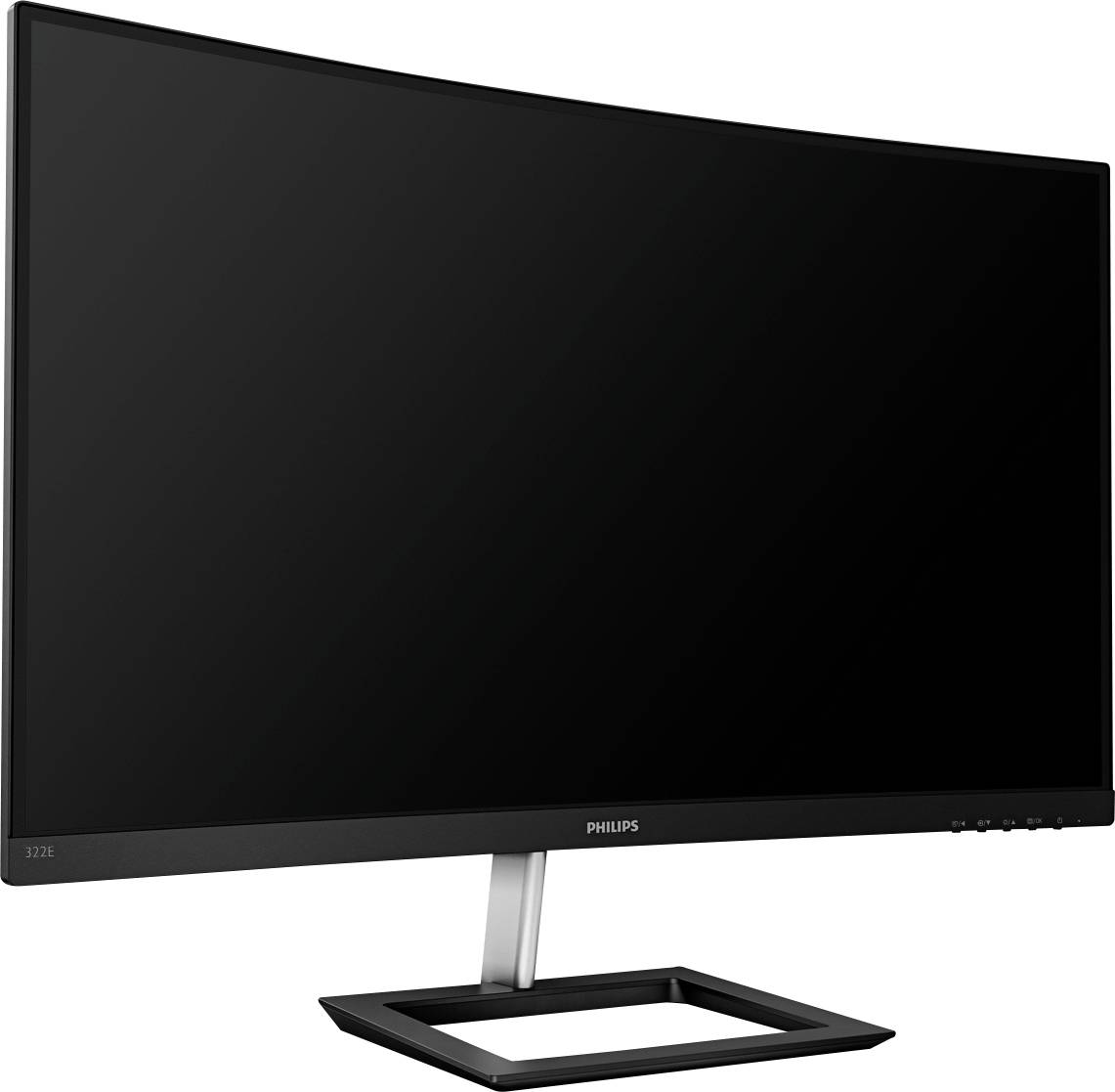 Ein gebogener Computerbildschirm von Philips mit schwarzem Rahmen und modernem Standfuß, Ansicht von links vorne.
