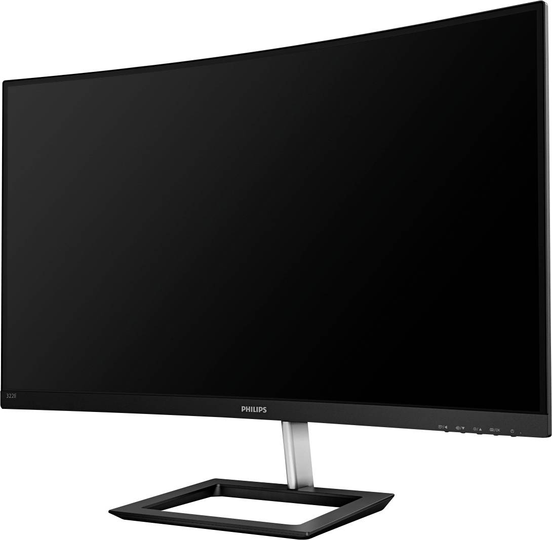 Ein gebogener Philips-Monitor mit schwarzem Gehäuse und modernem Standfuß.