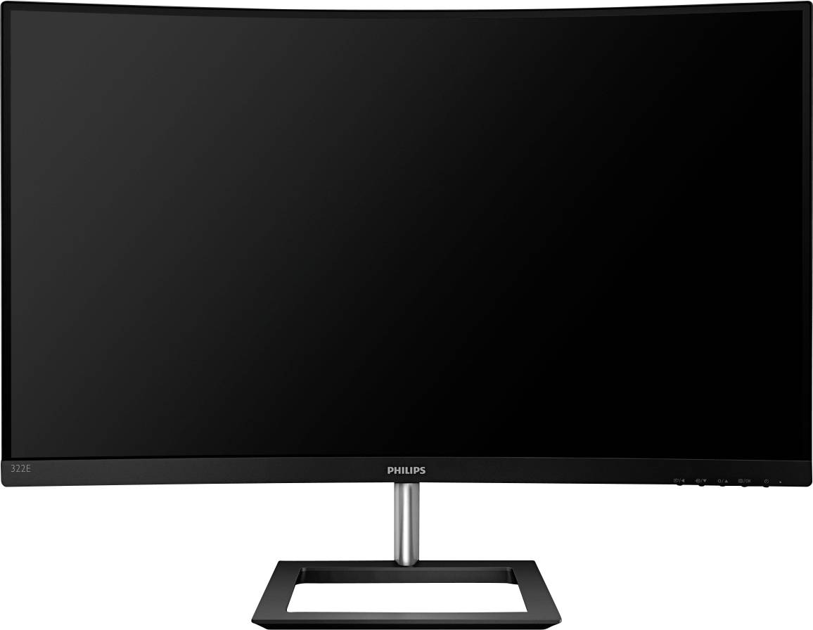 Ein schwarzer, gebogener Philips-Monitor mit schmalem Rand und mehreren Knöpfen an der rechten unteren Seite auf einem rechteckigen Standfuß.