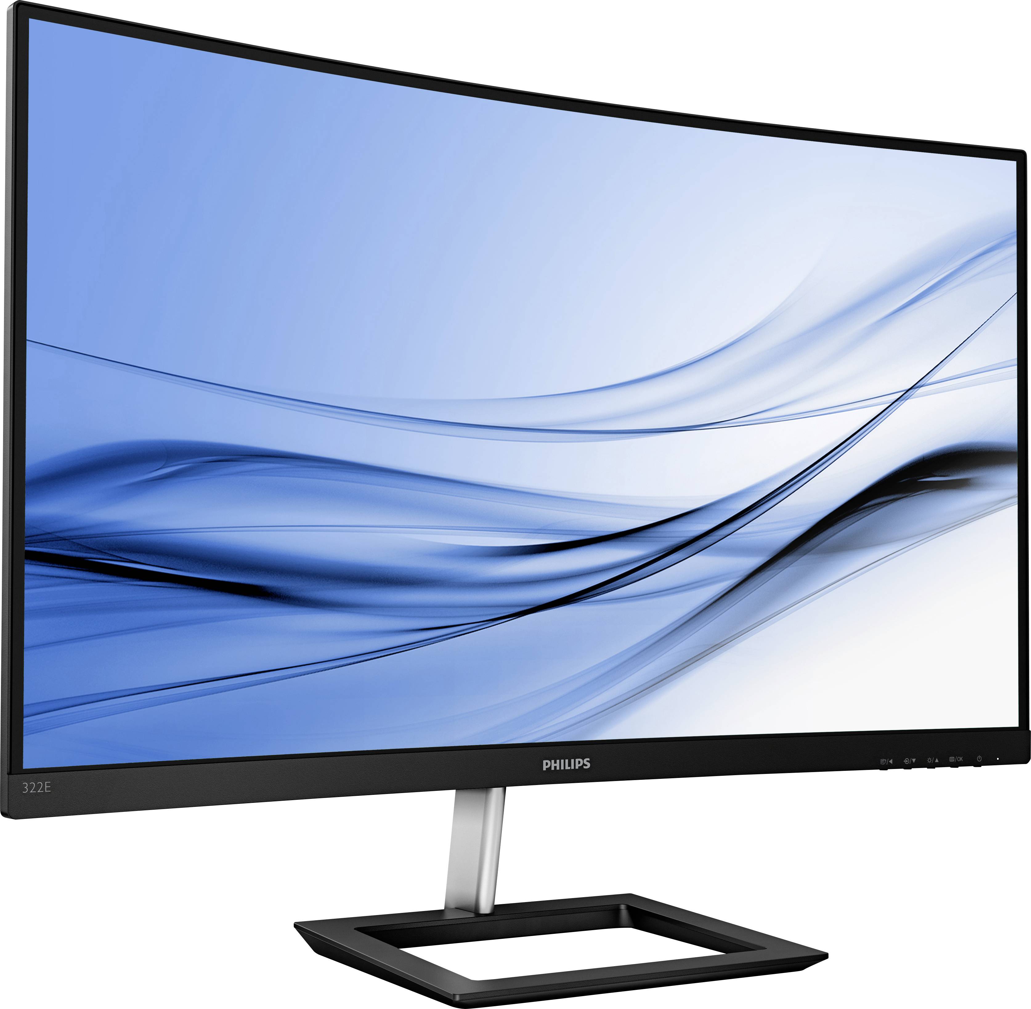 Ein geschwungener Philips-Monitor mit einem eleganten, modernen Design, auf dem ein blauer, abstrakter Hintergrund angezeigt wird.