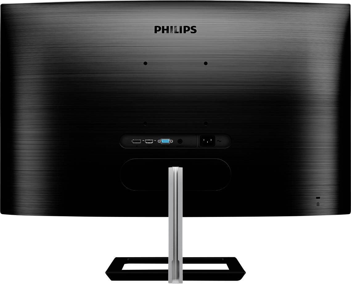 Rückansicht eines Philips Monitors auf einem Metallständer, zeigt Anschlüsse und Netzschalter in der Mitte der Rückseite.