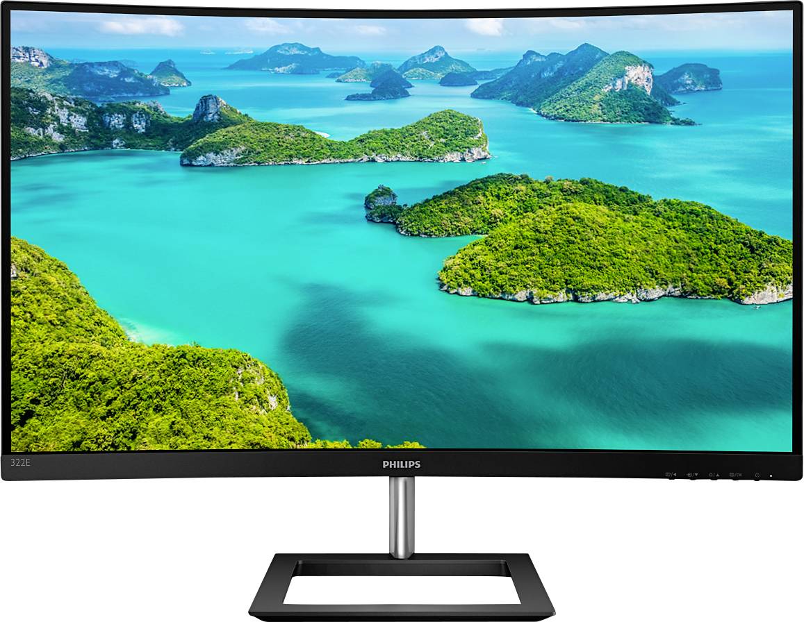 Ein gekrümmter Computerbildschirm zeigt eine Landschaft mit türkisfarbenem Wasser und grünen Inseln unter einem blauen Himmel.