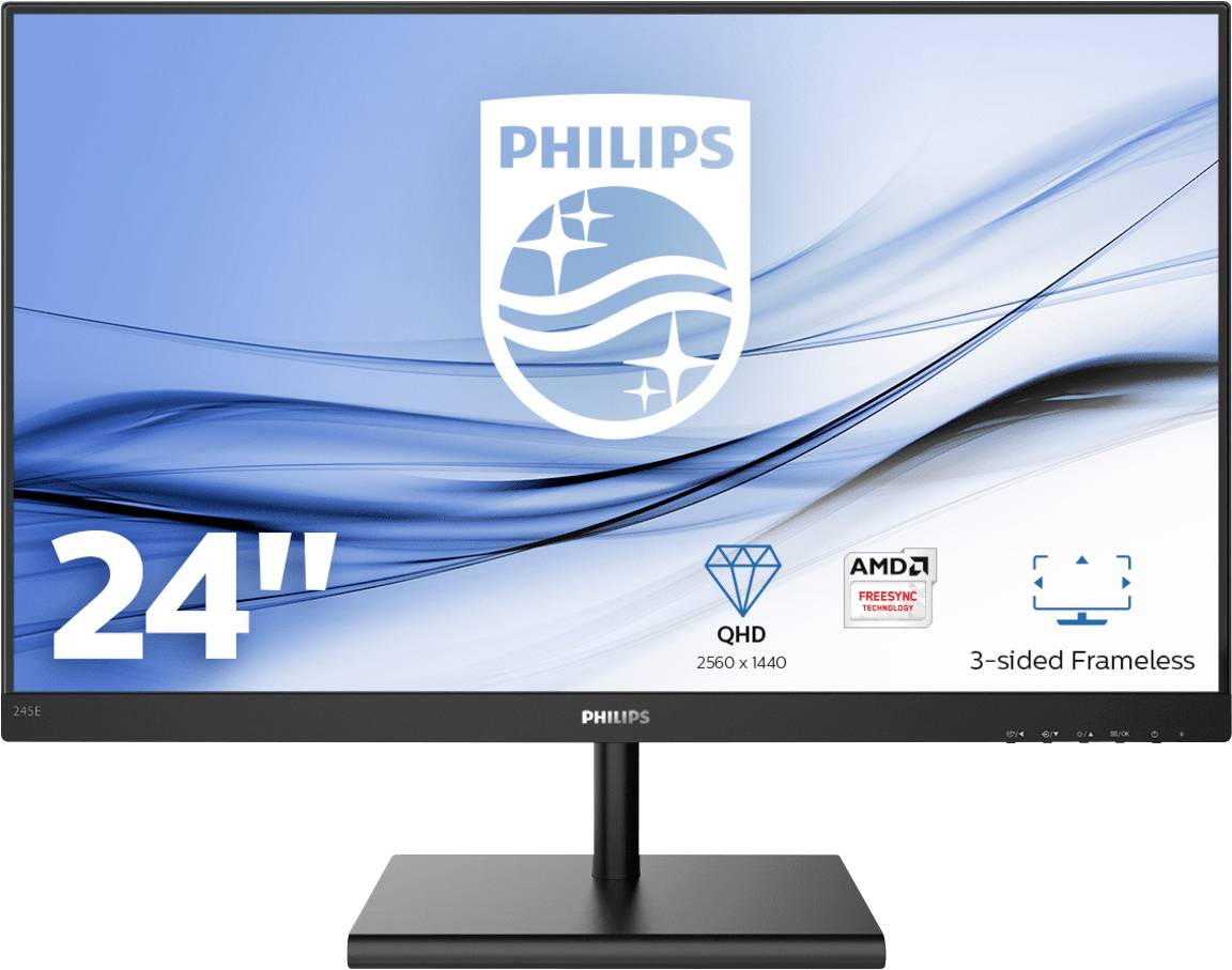 Ein 24-Zoll Philips Monitor mit QHD-Auflösung (2560 x 1440), AMD FreeSync, und dreiseitigem rahmenlosem Design.