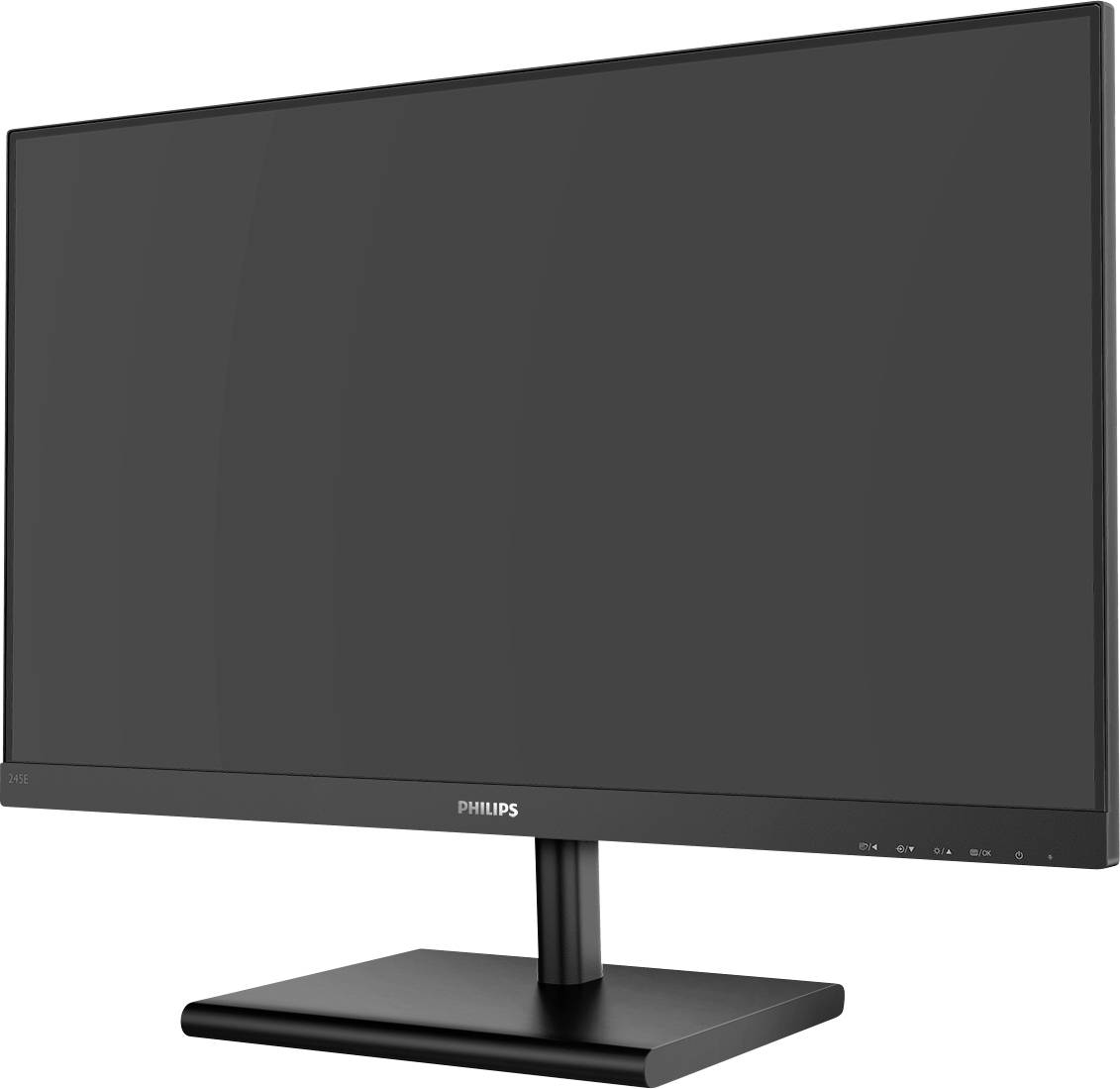 Ein schwarzer Computermonitor, von der Seite betrachtet, mit schmalem Rahmen und rechteckigem Standfuß.