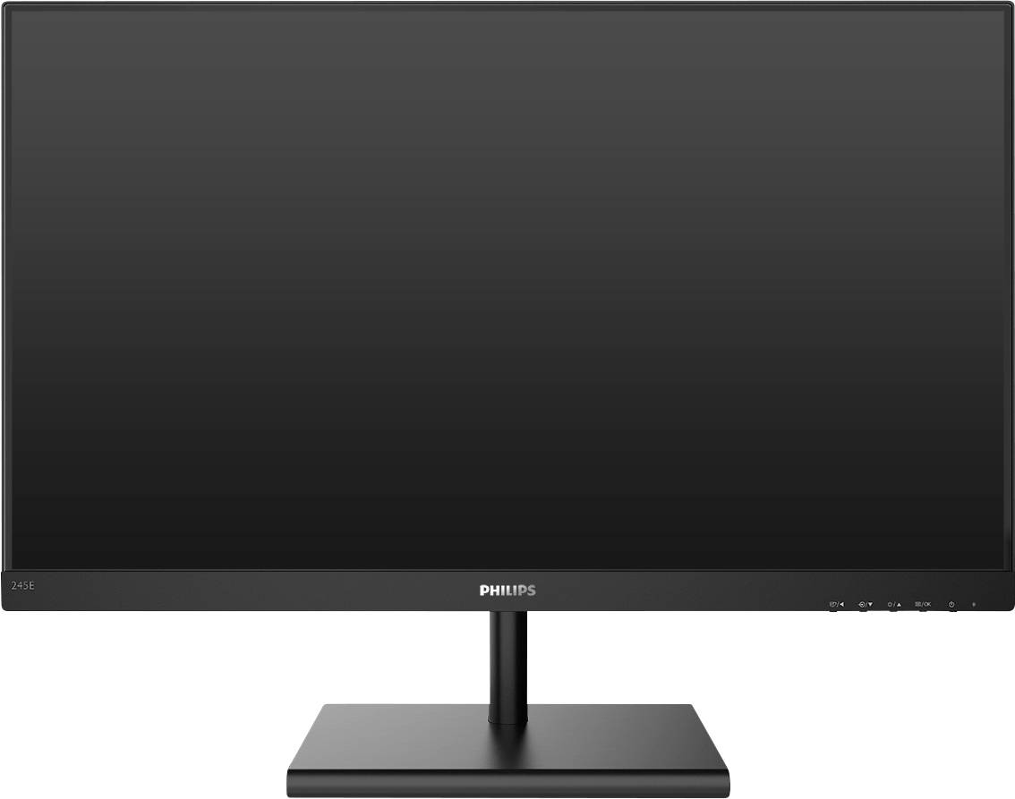 Flacher Computerbildschirm von Philips mit schwarzem Rahmen, mittig ein- und ausschaltbar, auf einem rechteckigen Standfuß.