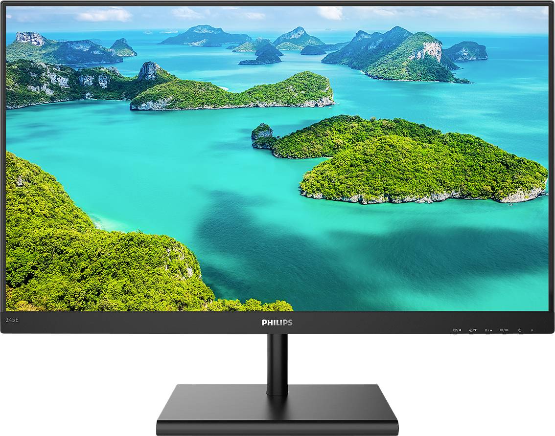 Philips-Monitor mit 24-Zoll-Display zeigt eine lebhafte Landschaft mit grün bewachsenen Inseln und blauem Wasser darunter.