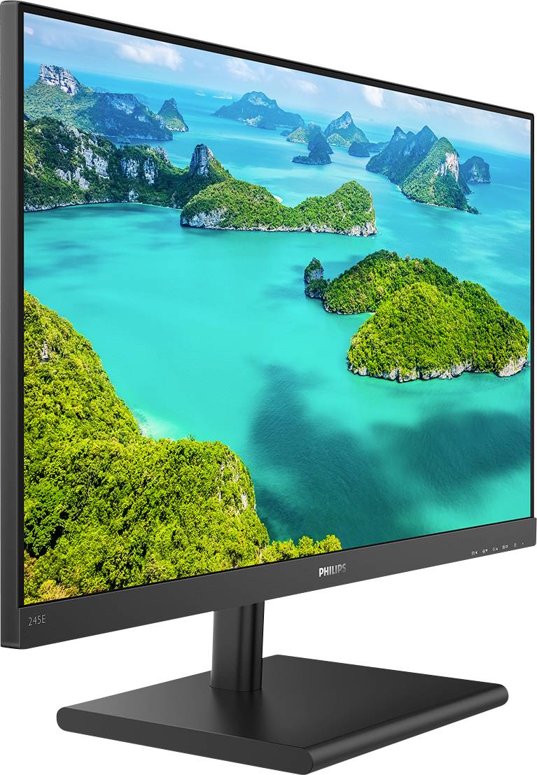 Flachbildschirm mit angezeigtem Foto von tropischer Inselgruppe im türkisblauen Meer. Die Landschaft zeigt grüne Hügel und klares Wasser.