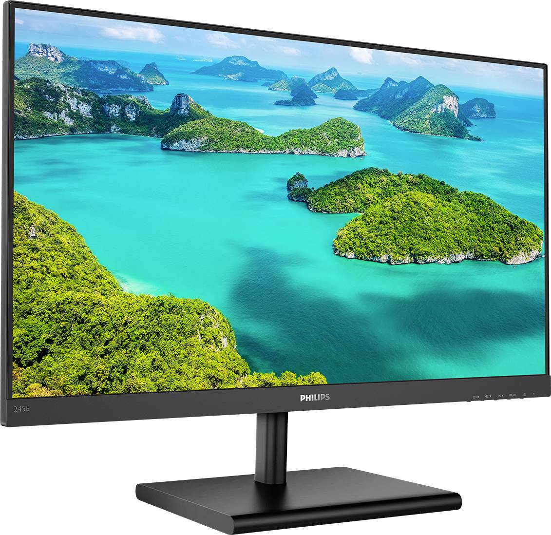 Ein Computermonitor zeigt eine lebendige Landschaft mit türkisfarbenem Wasser und grünen Inseln unter einem blauen Himmel.