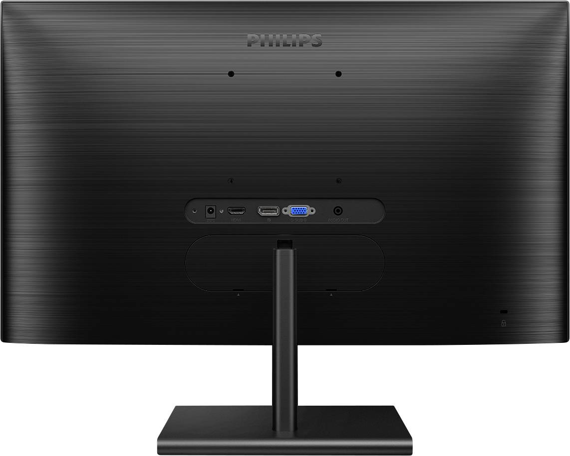 Rückansicht eines schwarzen Monitors mit Anschlüssen: HDMI, VGA, USB-C. Der Markenname ist oben in der Mitte sichtbar.