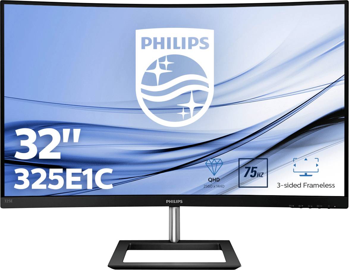 Gebogener 32-Zoll-Monitor von Philips mit QHD-Auflösung, 75 Hz Bildwiederholrate und randlosem Design an drei Seiten.