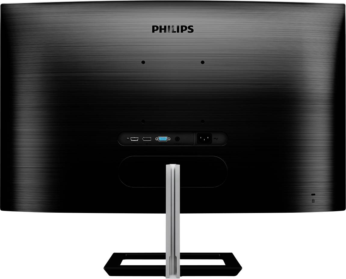 Rückansicht eines schwarzen Philips Computermonitors mit HDMI- und USB-Anschlüssen, auf einem silbernen Standfuß montiert.