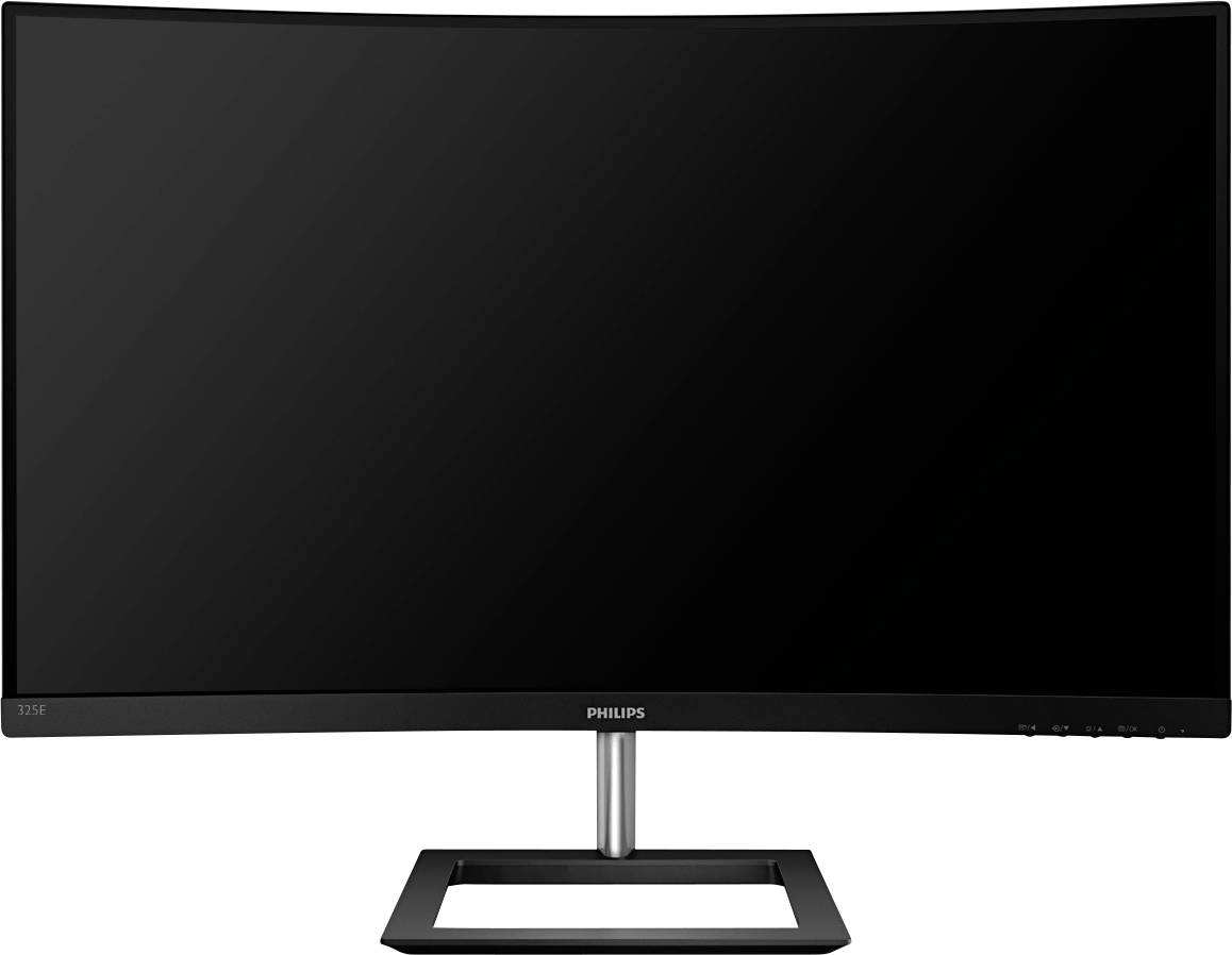 Ein moderner, gebogener Computermonitor mit schwarzem Rahmen steht auf einem schlichten, rechteckigen Standfuß.