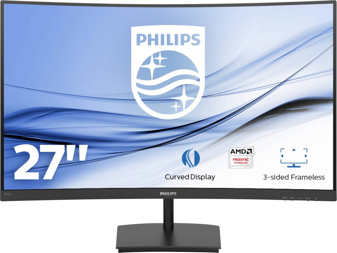 Ein Philips 27-Zoll-Monitor mit gebogenem Display und dreiseitigem rahmenlosen Design, unterstützt AMD FreeSync.