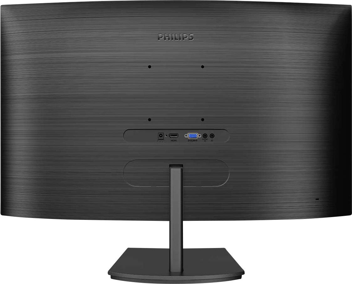 Rückansicht eines schwarzen Philips Monitors mit Eingangsanschlüssen in der Mitte der Rückseite, montiert auf einem Standfuß.