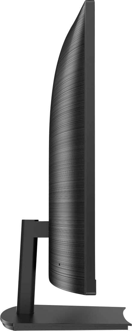 Ein Computerbildschirm ist von der Seite zu sehen; das Design ist schlank und modern. Der Standfuß ist rechteckig und robust.