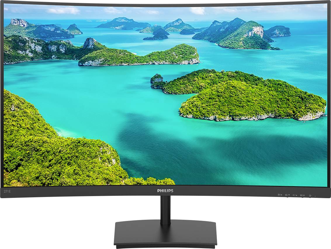Ein gebogener Monitor von Philips zeigt eine tropische Meereslandschaft mit mehreren grünen Inseln und türkisfarbenem Wasser.