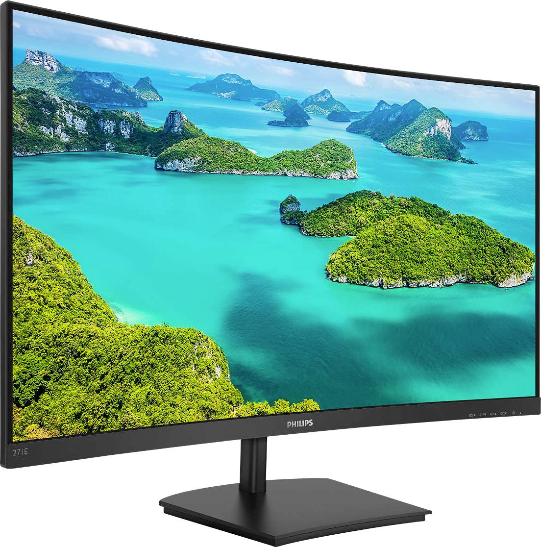 Ein gebogener Computerbildschirm zeigt eine tropische Inselgruppe im türkisfarbenen Meer mit üppig grünen Hügeln.