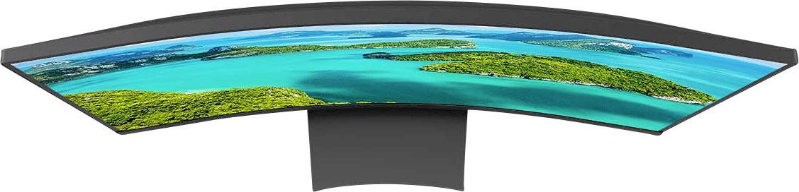Ein gebogener Ultra-Widescreen-Monitor zeigt eine Landschaft mit blauen Gewässern und grünen Inseln. Das Design betont Immersion.