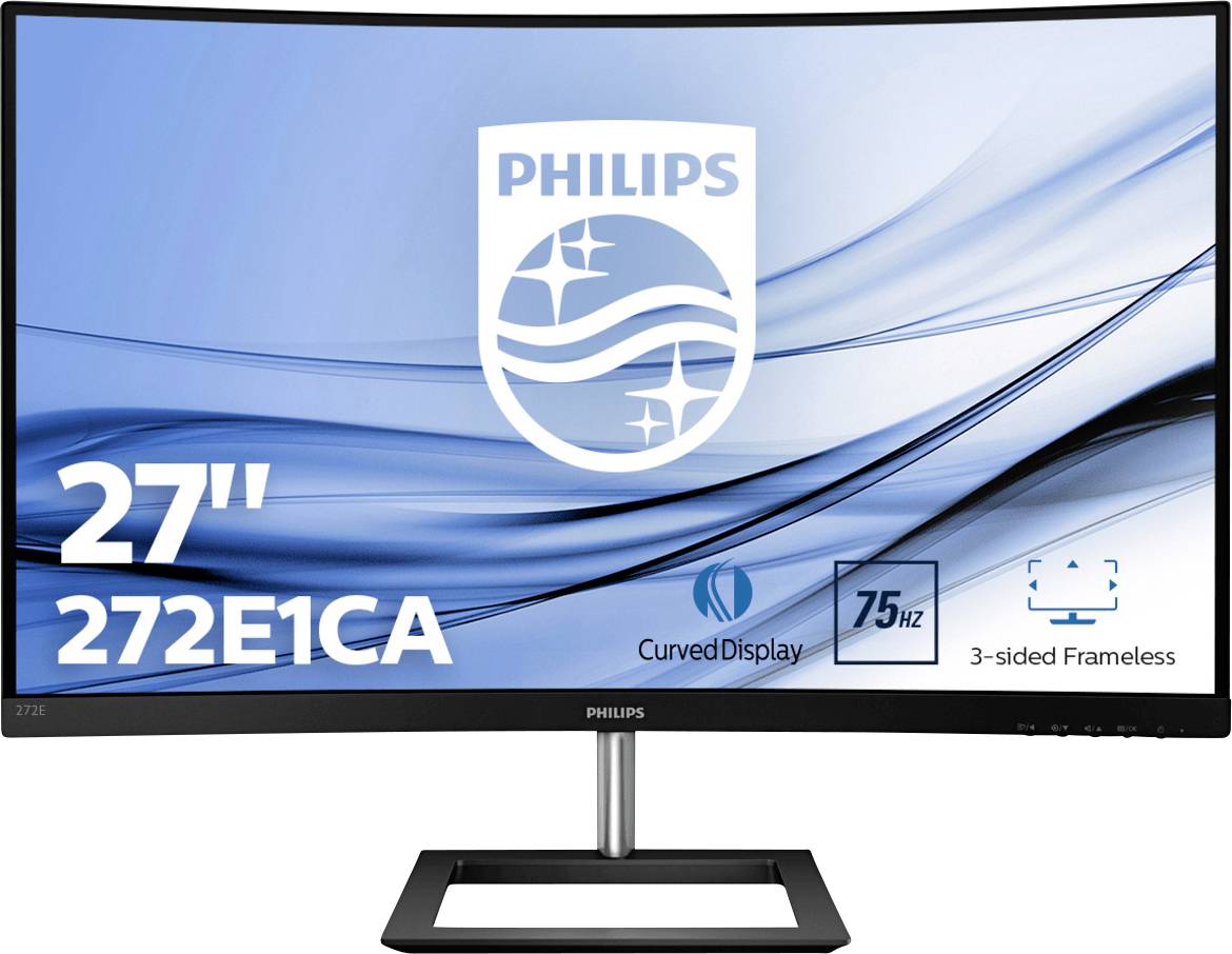 Gebogener 27-Zoll-Philips-Monitor, Modell 272E1CA, mit Drei-Seiten-Rahmenlos-Design und 75 Hz Bildwiederholrate.