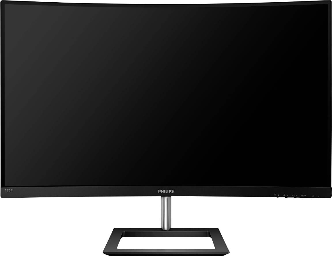 Ein schwarzer, gebogener Monitor mit minimalistischer Basis auf weißem Hintergrund.
