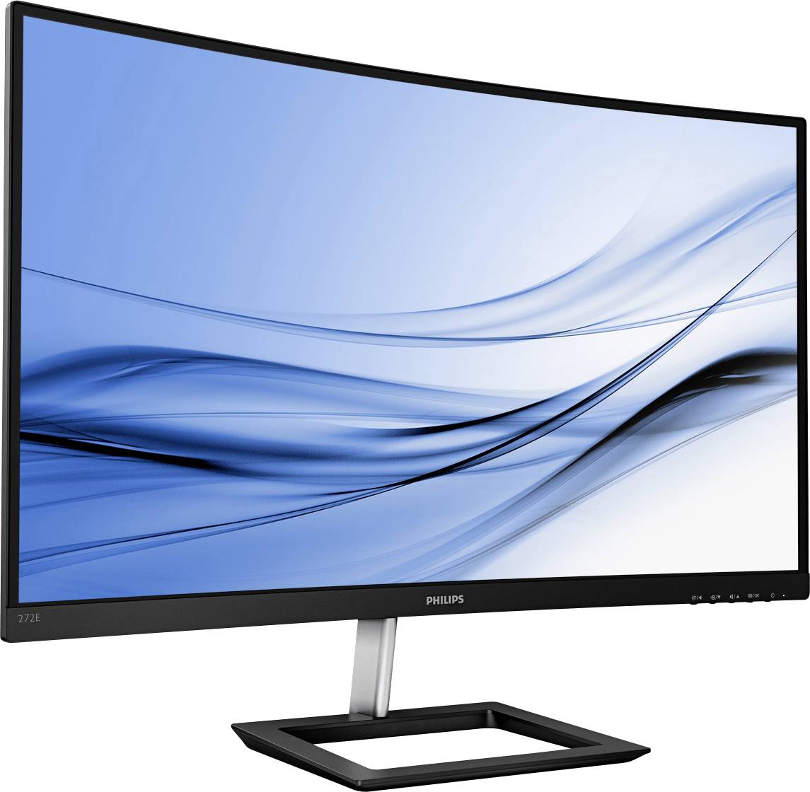 Ein gebogener Monitor von Philips mit einem modernen Design, schwarzem Rahmen und stabilem Standfuß. Display zeigt blaue Wellenlinien.