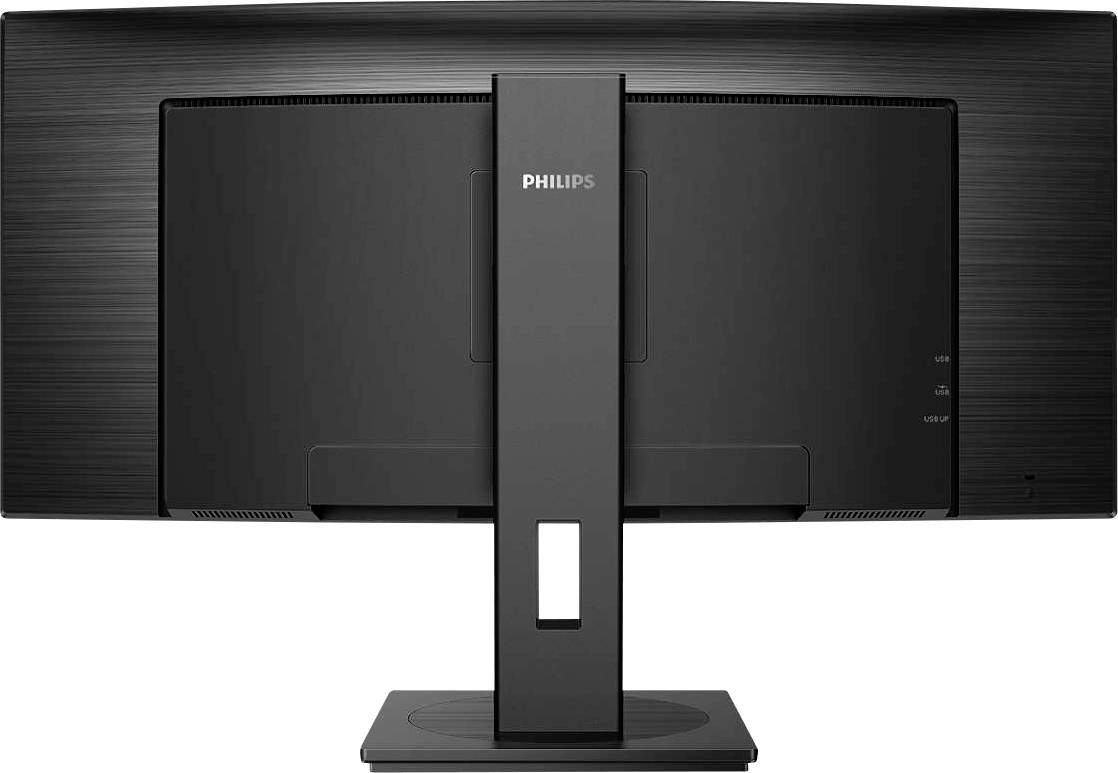 Ein schwarzer Philips-Monitor von hinten in modernem Design mit mittiger Standhalterung, geeignet für Büroumgebungen.
