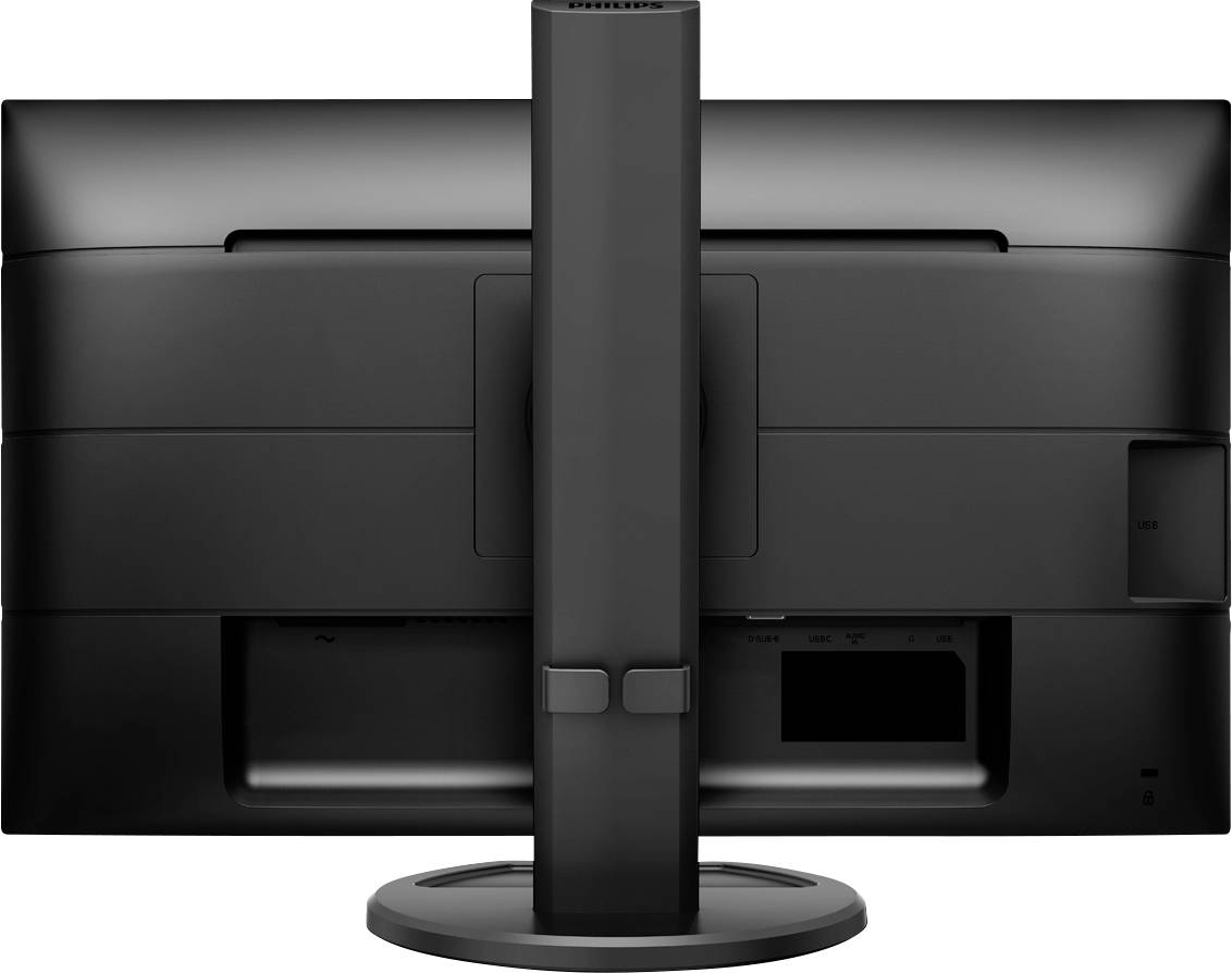 Rückansicht eines schwarzen Computerbildschirms mit stabilem Standfuß, ohne sichtbaren Bildschirminhalt.