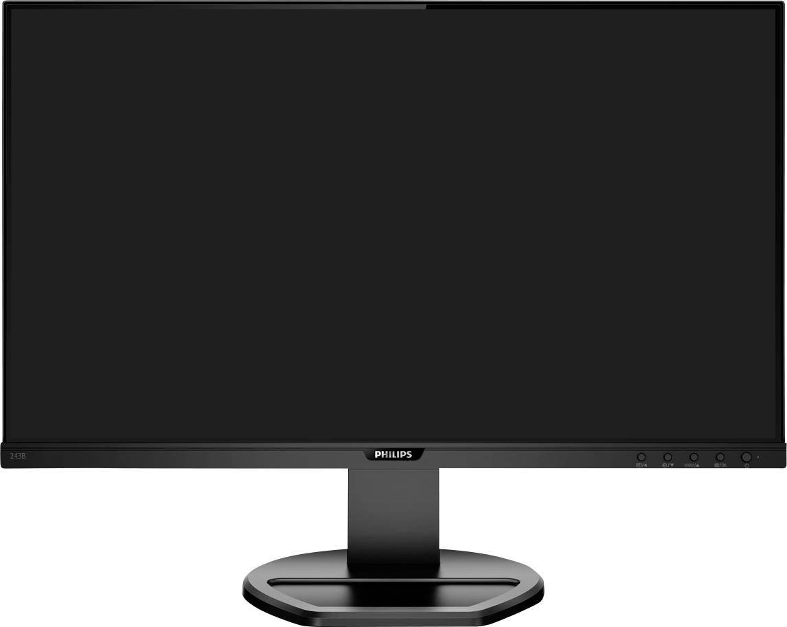 Ein schwarzer Computerbildschirm der Marke Philips mit schmalem Rahmen, stehend auf einem runden Standfuß.