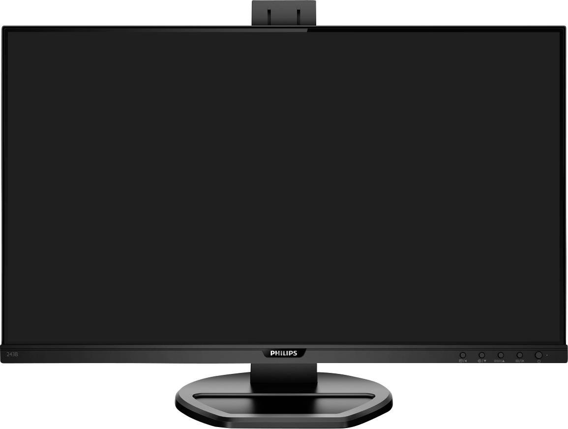 Ein schwarzer Computerbildschirm mit eingebauter Kamera steht auf einem Schreibtisch. Der Bildschirm ist ausgeschaltet.