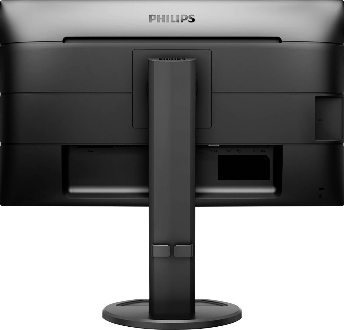 Ein schwarzer Philips-Monitor, Rückansicht, zeigt den Standfuß und Anschlüsse, modern und schlichtes Design.