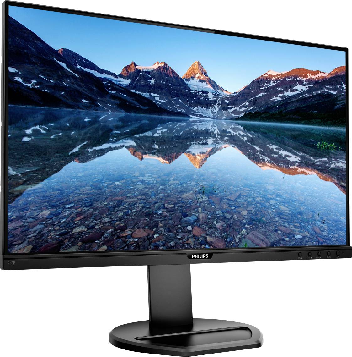 Ein Computermonitor zeigt ein Foto von Bergen, die sich in einem ruhigen See spiegeln. Der Himmel ist klar und die Farben sind lebendig.