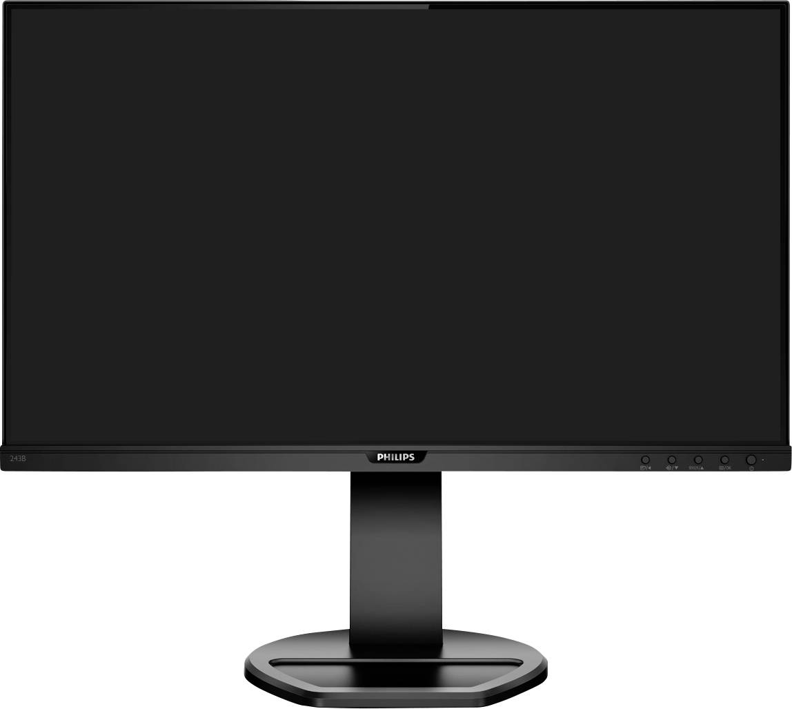 Ein schwarzer Computerbildschirm auf einem runden Standfuß, mit minimalem Rahmen. Bildschirm ist ausgeschaltet.