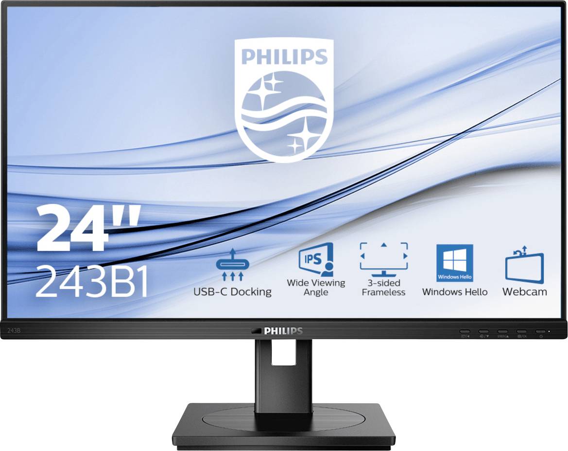 Philips Monitor mit 24-Zoll-Bildschirm, USB-C-Docking, weitem Betrachtungswinkel, dreiseitigem rahmenlosem Design, Windows Hello und Webcam.