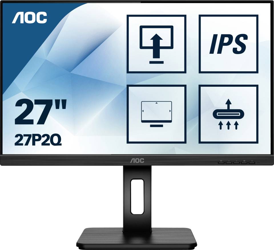 Ein 27-Zoll-Monitor von AOC, Modell 27P2Q, mit IPS-Technologie und Symbolen für Höhenverstellung, Neigung und Drehbarkeit.