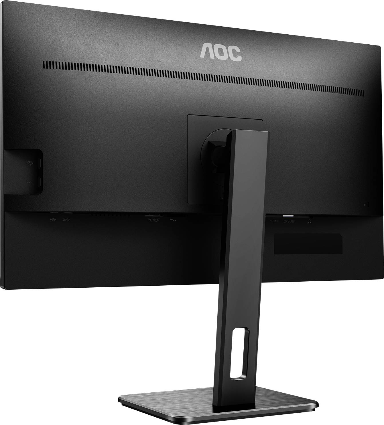 Ein schwarzer AOC-Monitor von hinten mit rechteckigem Standfuß und schmalem Rahmen, auf einem Schreibtisch platziert.