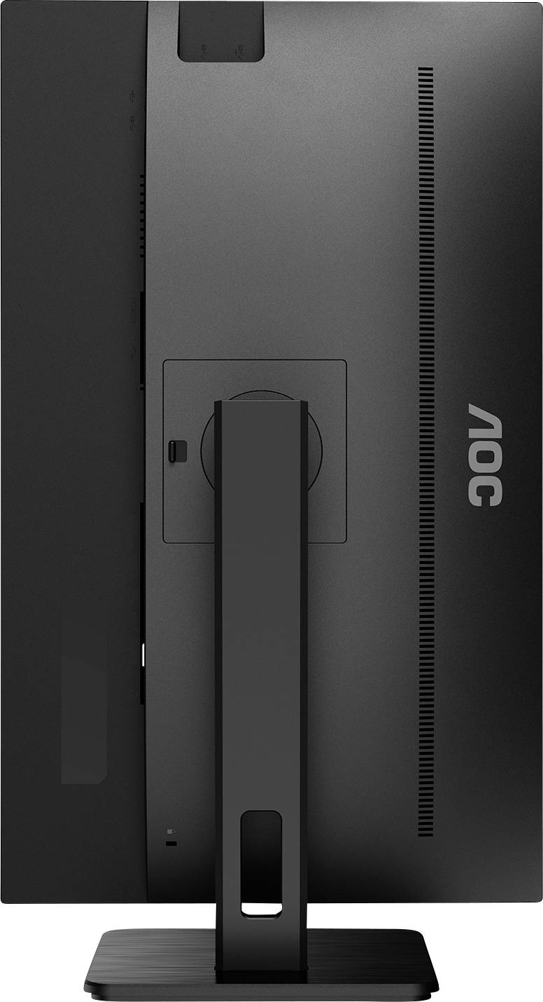 Der abgebildete Monitor zeigt die Rückseite eines schwarzen, freistehenden AOC-Bildschirms mit einem rechteckigen Standfuß zur Unterstützung.