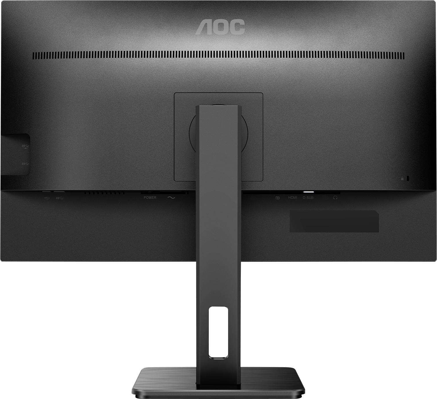 Rückansicht eines schwarzen Computermonitors auf einem Standfuß, auf dem Gehäuse ist das Logo 'AOC' sichtbar.