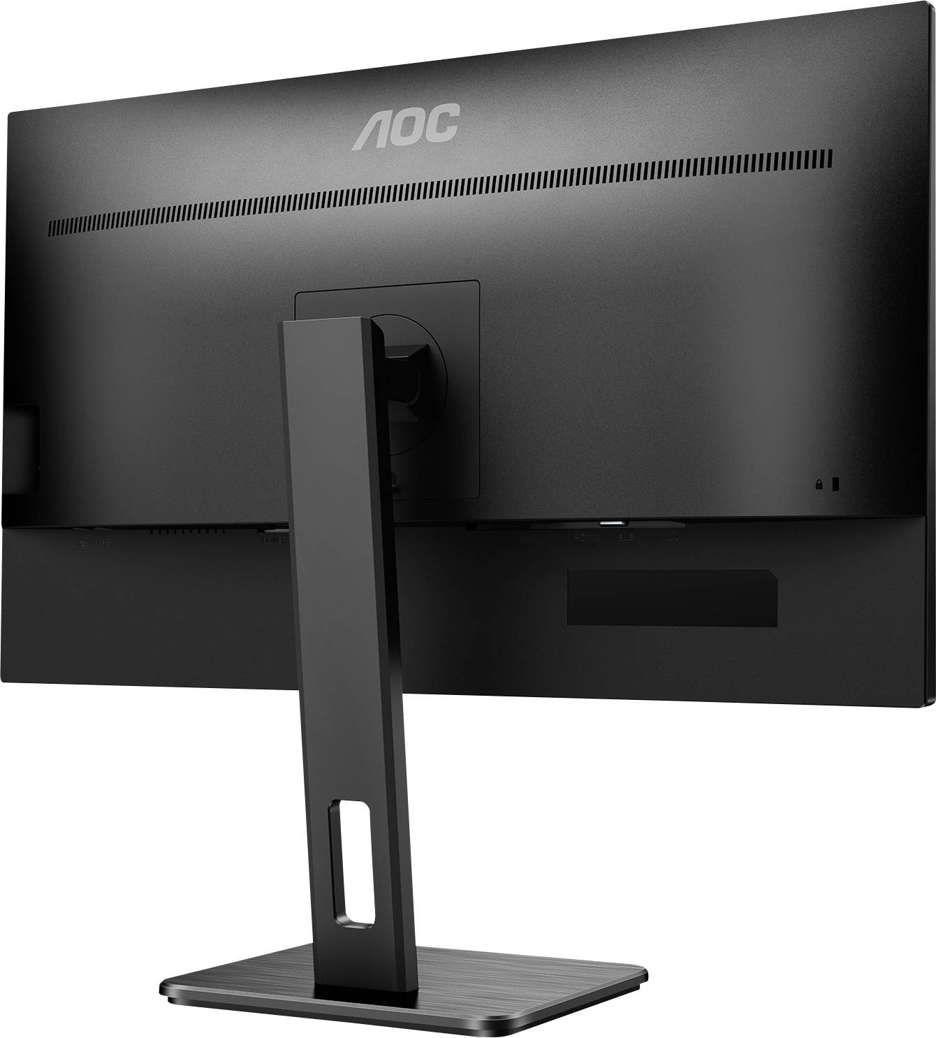 Ein schwarzer Computer-Monitor von hinten, Marke AOC, auf einem rechteckigen Standfuß.