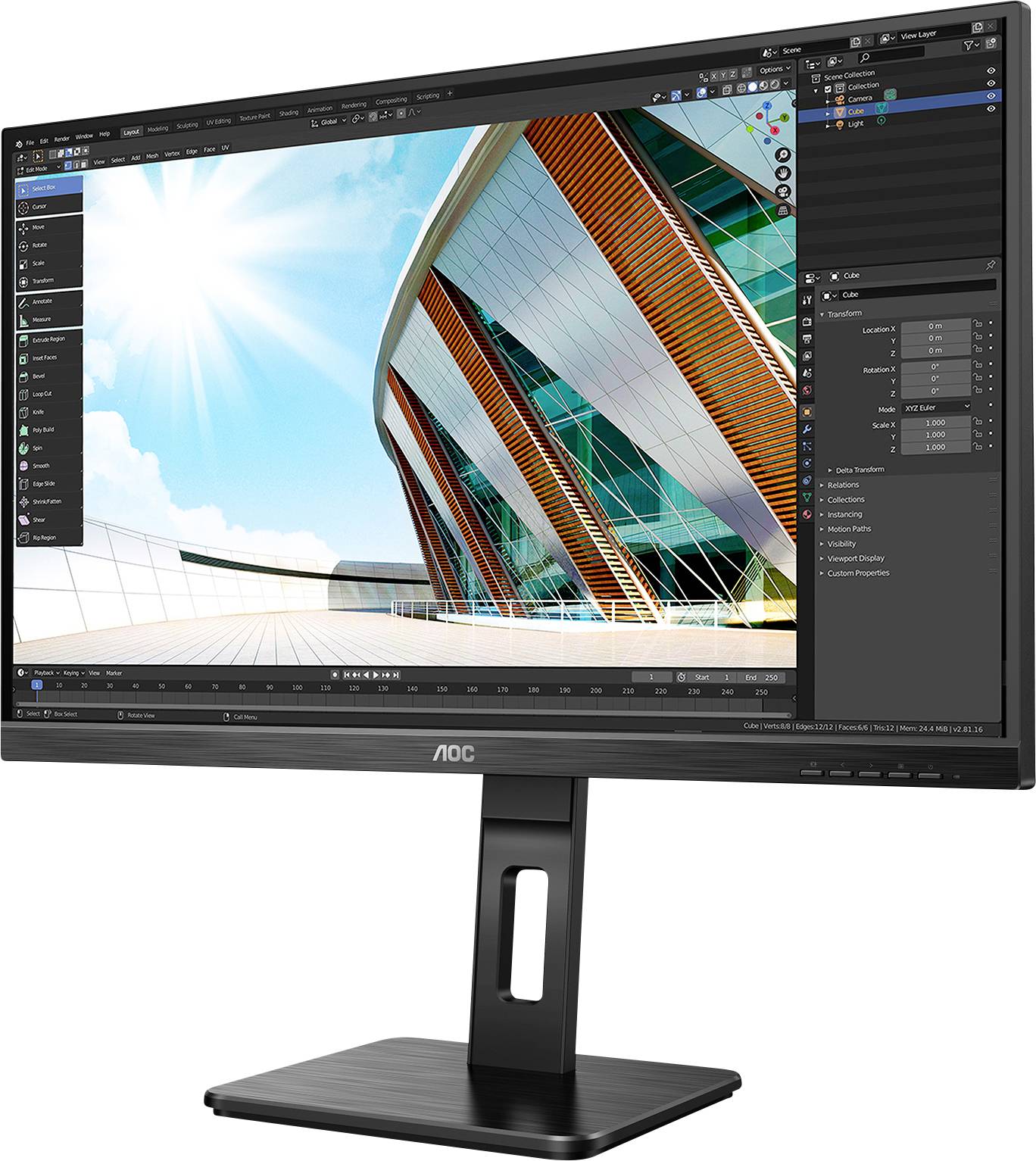 Ein Computermonitor zeigt eine 3D-Rendering-Software mit einem architektonischen Entwurf eines modernen Gebäudes unter blauem Himmel.