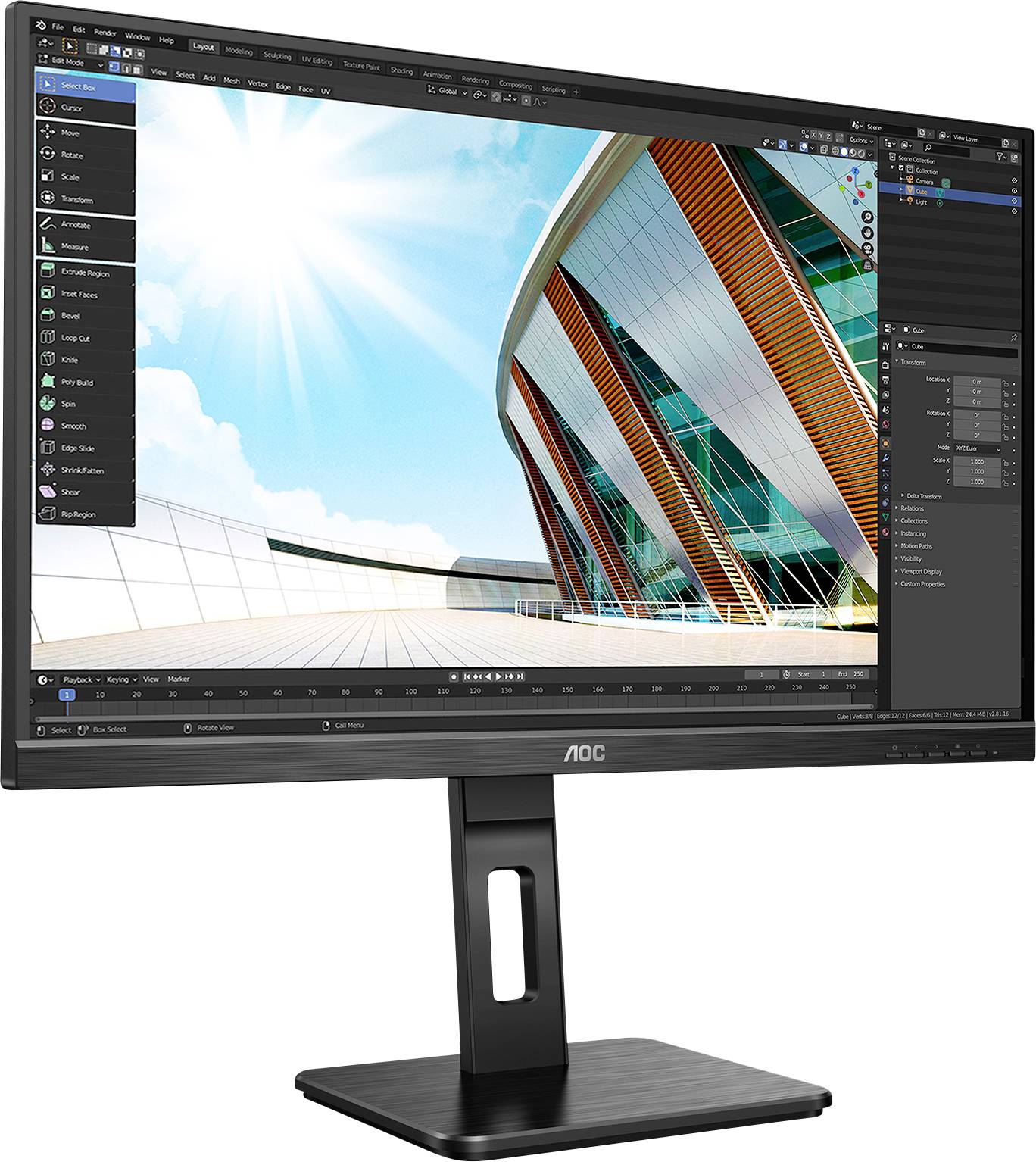Ein Computerbildschirm zeigt ein Architektur-Rendering-Programm mit einem modernen Gebäude und blauem Himmel.