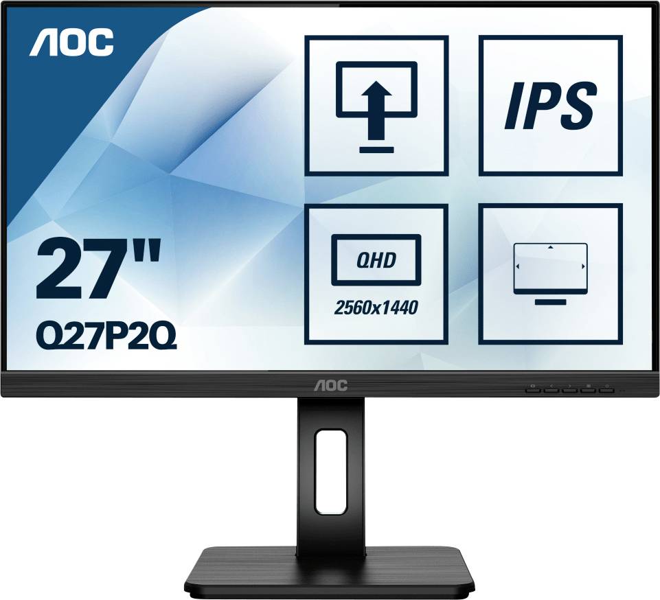 Monitor von AOC mit 27 Zoll Bildschirmdiagonale, QHD-Auflösung von 2560x1440, und IPS-Panel, dargestellt auf einem stilisierten Hintergrund.