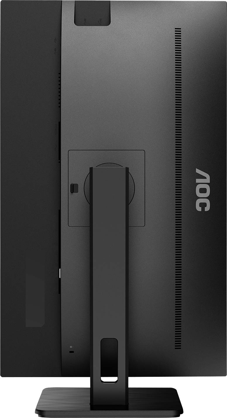 Rückansicht eines schwarzen Computerbildschirms mit Standfuß. Links und rechts sind Lüftungsschlitze sichtbar, Markenlogo rechts oben.