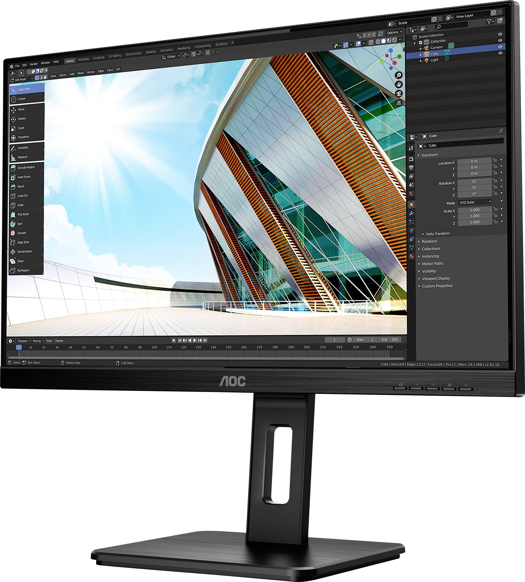Ein Monitor zeigt eine Architektur-Rendering-Software mit einem modernen Gebäudeentwurf vor einem sonnigen Himmel.