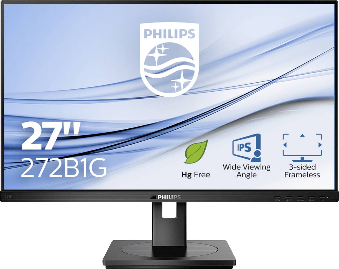 Flacher Philips Monitor, 27 Zoll, Modell '272B1G'. Merkmale: Quecksilberfrei, IPS-Technologie, breiter Betrachtungswinkel, rahmenlos an drei Seiten.