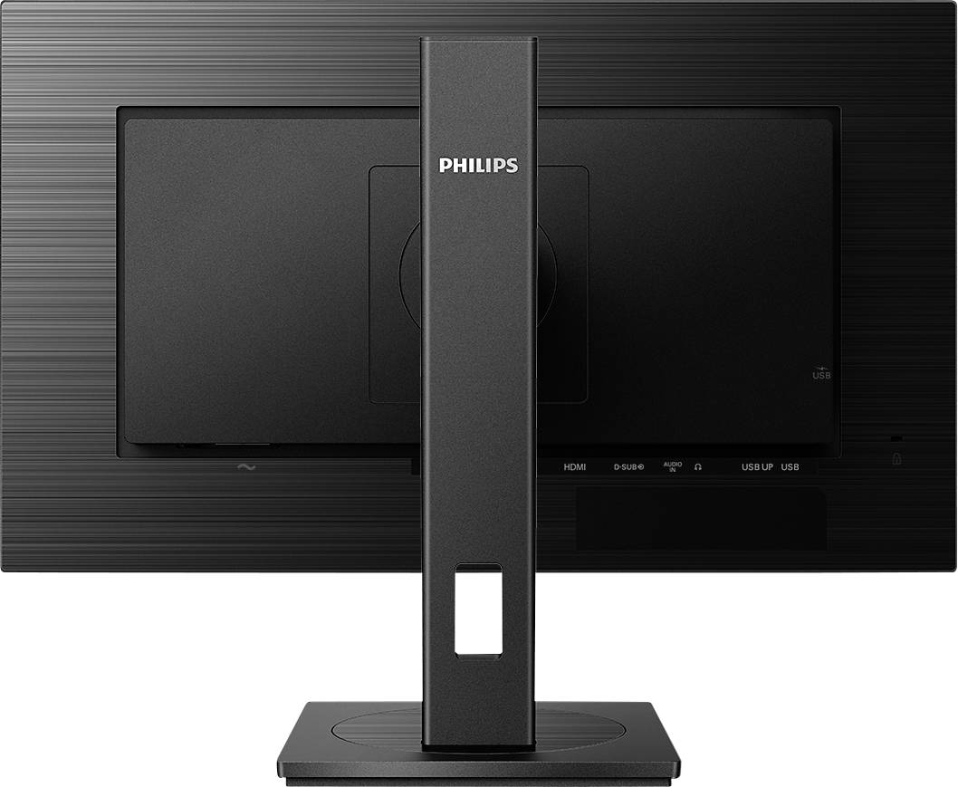 Ein Computerbildschirm von hinten, Marke 'Philips'. Der Monitor hat einen stabilen schwarzen Standfuß und verschiedene Anschlussmöglichkeiten.