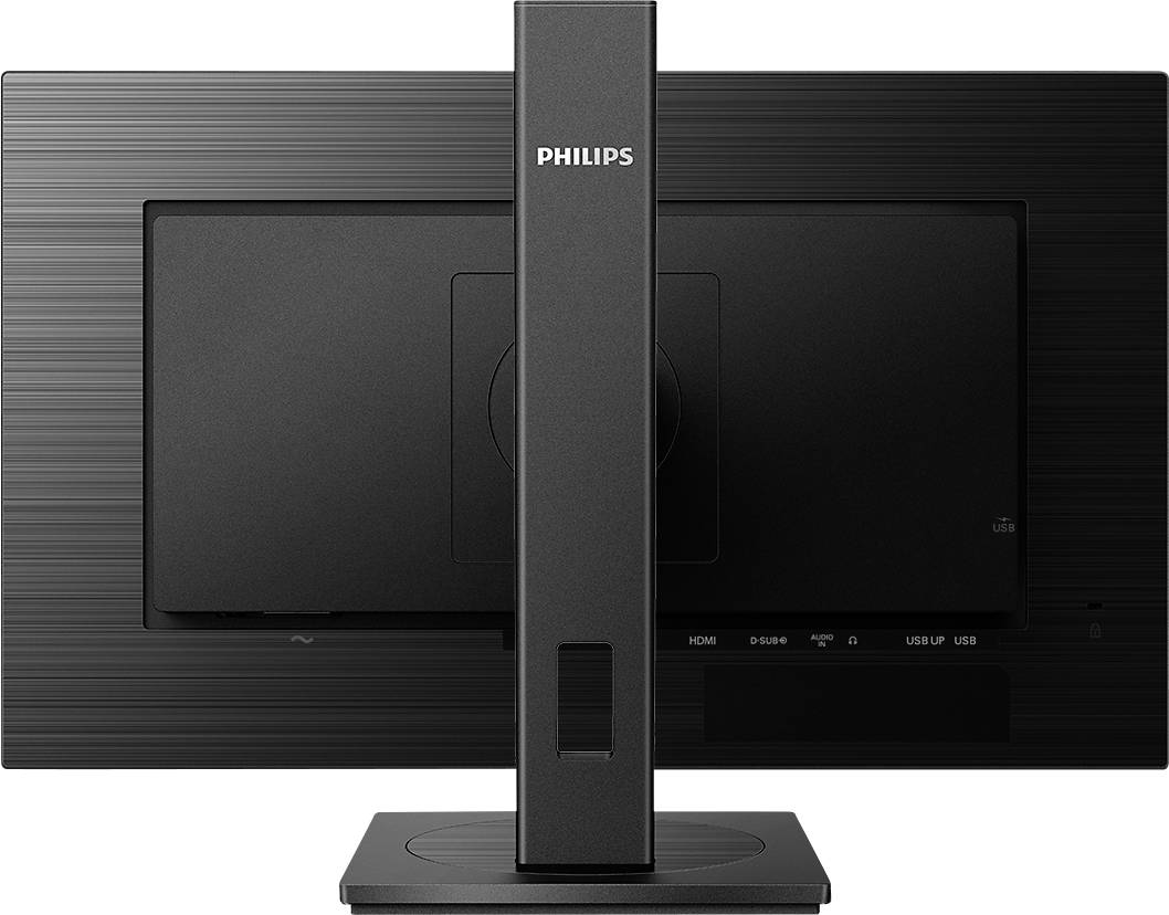 Rückseite eines Philips-Monitors mit HDMI-, DisplayPort- und USB-Anschlüssen, montiert auf einem Standfuß.